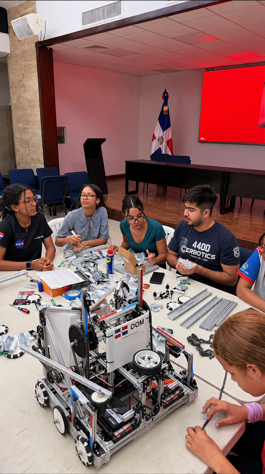 Jóvenes colaborando en la construcción del robot durante el Bootcamp Nacional